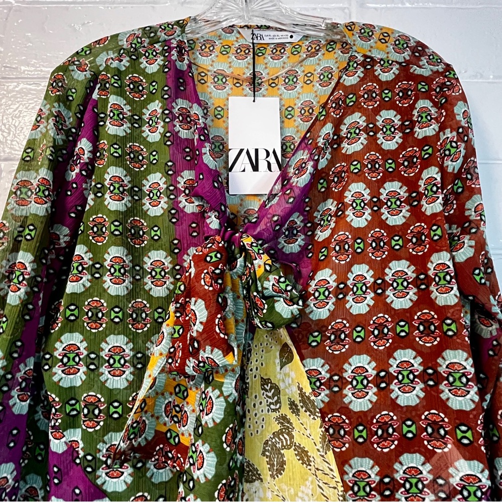 Zara Multicolor Boho Patchwork Blouse NWT size XL  with bow & beaded detail - Picture 3 of 16